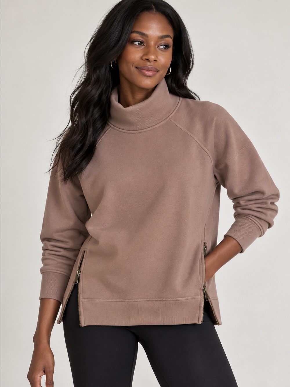Athleta Ribbed Fleece-Lined Pullover in Mauve-Taupe